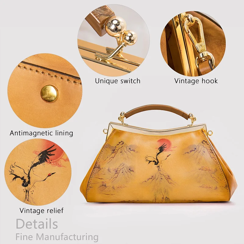 2021 Trendy authentic real cowhide leather exotic Yellow custom print vintage Spring evening party exquisite purses handbags