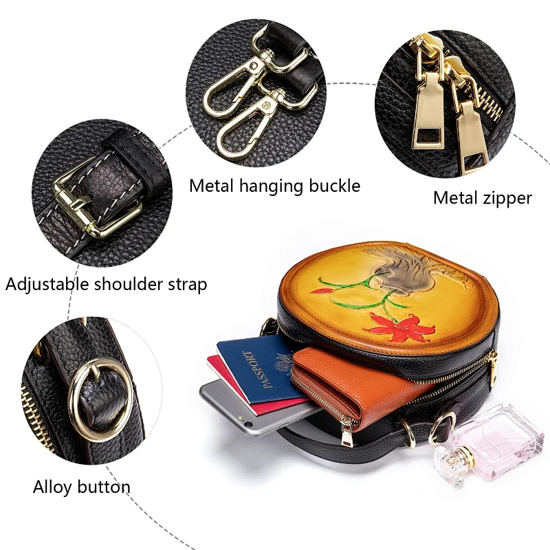 Wholesale cowhide leather fashion printed saddle women small stylish circle ethnic green bags purses handbags