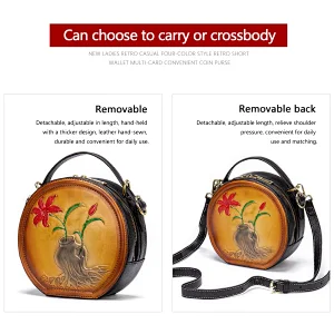 Wholesale cowhide leather fashion printed saddle women small stylish circle ethnic green bags purses handbags