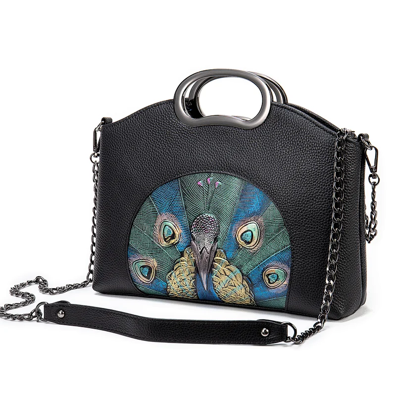 peacock flower print cowhide genuine leather female designer chain ladies university big tote hand bag handbag