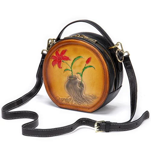 Wholesale cowhide leather fashion printed saddle women small stylish circle ethnic green bags purses handbags