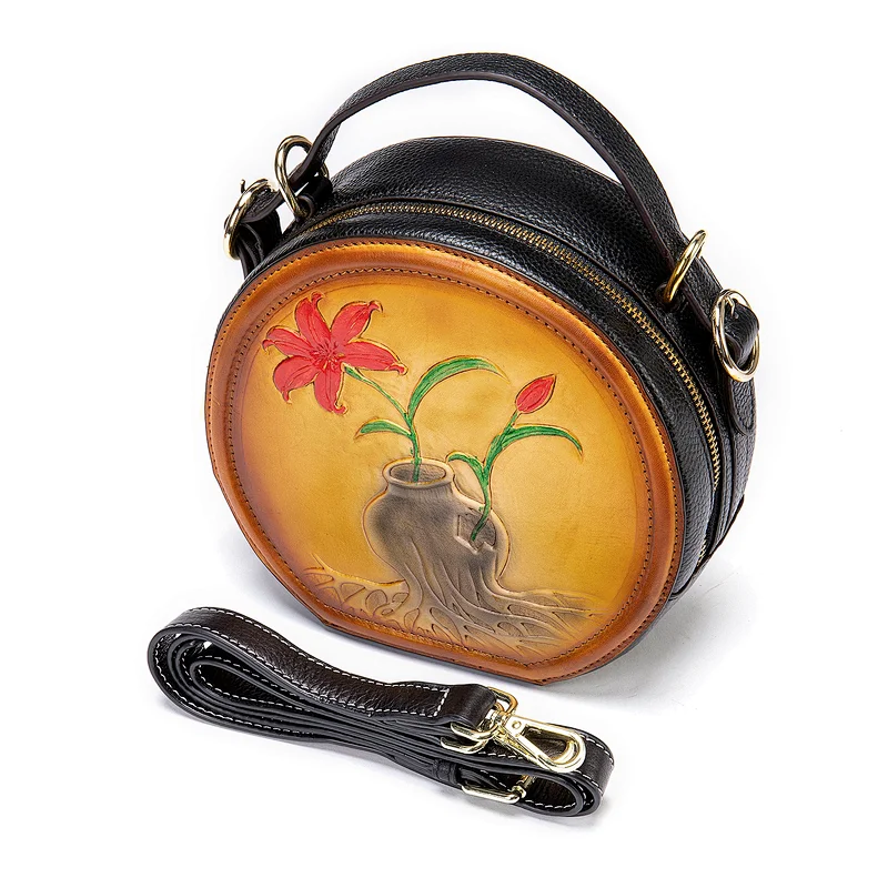 Wholesale cowhide leather fashion printed saddle women small stylish circle ethnic green bags purses handbags