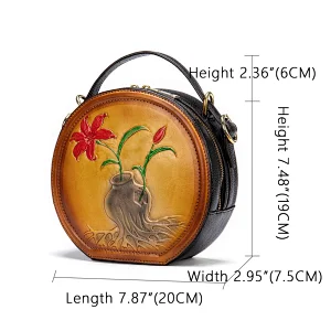 Wholesale cowhide leather fashion printed saddle women small stylish circle ethnic green bags purses handbags