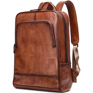 Travel Brown Waterproof College School Weekend outdoor travel computer bag Genuine Leather Vintage Laptop Backpack for Men