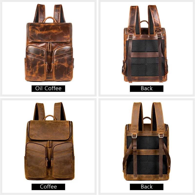 Vintage Mens Dropshipping big capacity crazy horse genuine leather anti theft laptop travel backpack