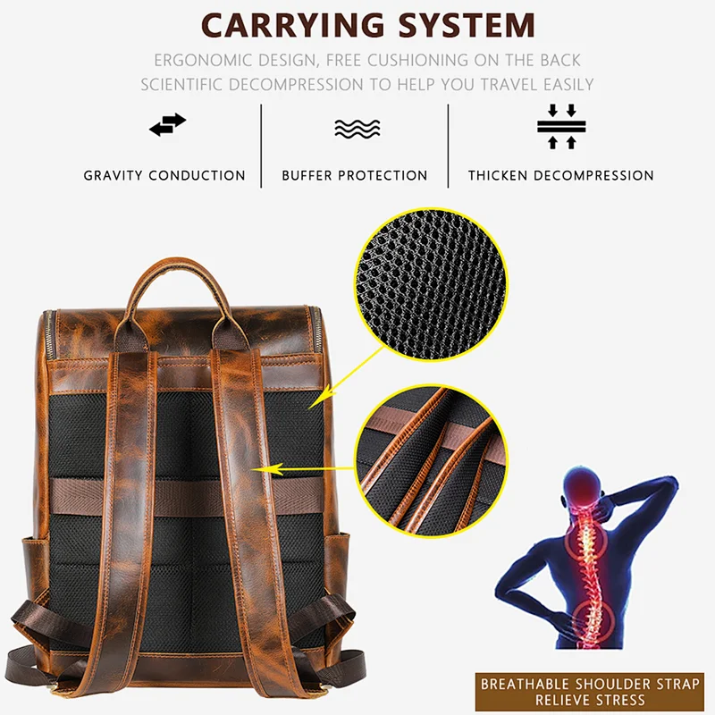 Vintage Mens Dropshipping big capacity crazy horse genuine leather anti theft laptop travel backpack