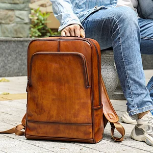Travel Brown Waterproof College School Weekend outdoor travel computer bag Genuine Leather Vintage Laptop Backpack for Men