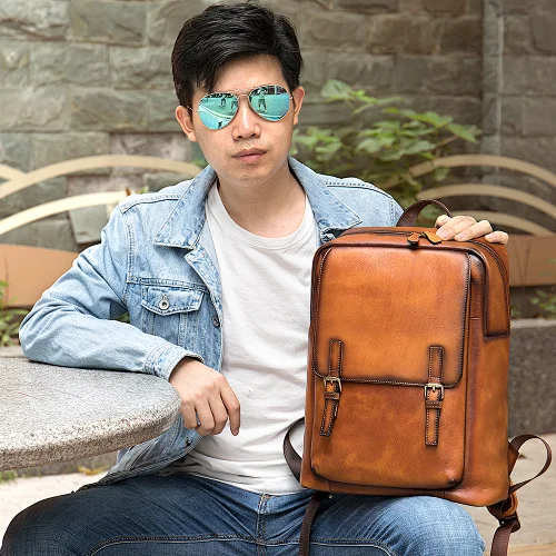 custom wholesale oil wax leather men's travel business laptop mens luxury backpack with logo