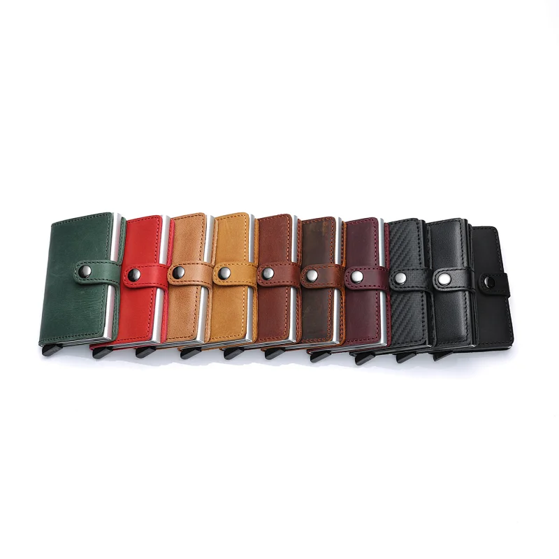 Promotion gift RFID blocking slim leather aluminum automatic pop-up business card holder wallet