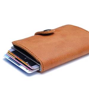 Promotion gift RFID blocking slim leather aluminum automatic pop-up business card holder wallet