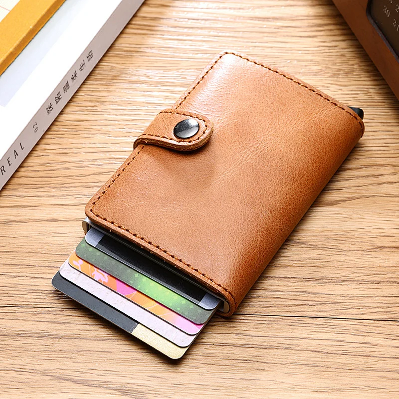 Promotion gift RFID blocking slim leather aluminum automatic pop-up business card holder wallet