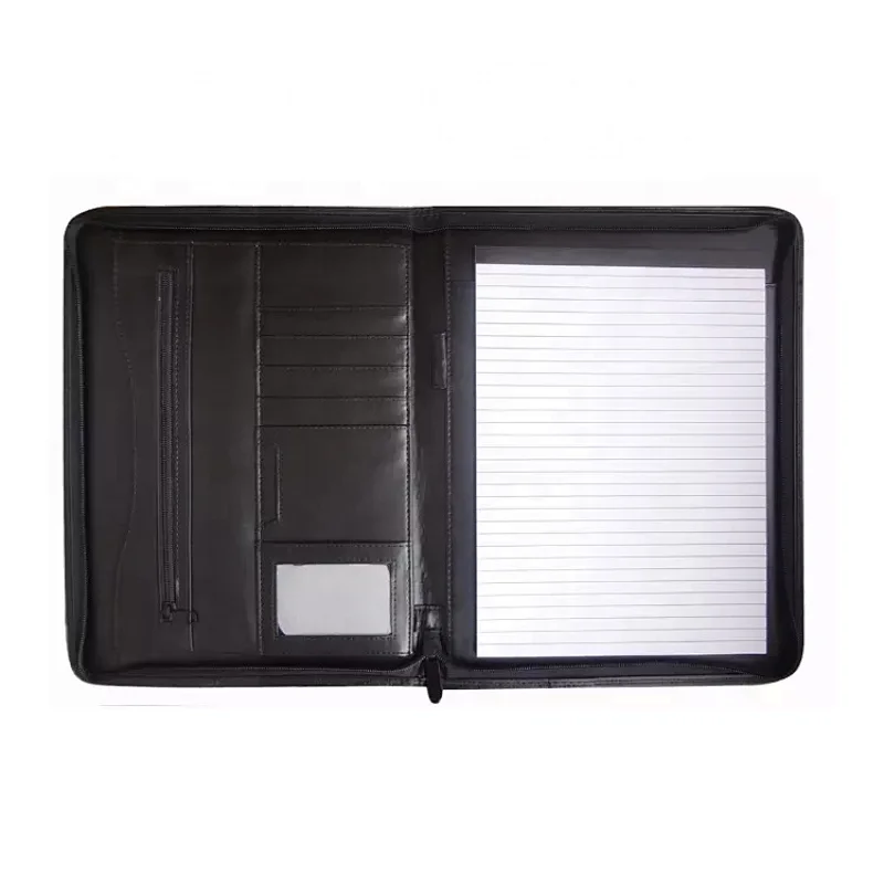 A4 PU leather portfolio black zipper presentation folder