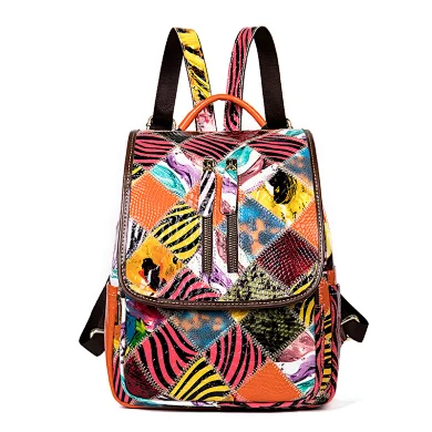 New women backpack genuine leather Personality Fashion trend stitching color backpack laptop bag