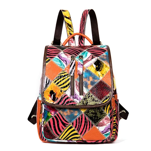 New women backpack genuine leather Personality Fashion trend stitching color backpack laptop bag