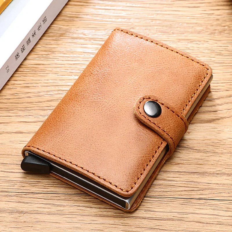 Promotion gift RFID blocking slim leather aluminum automatic pop-up business card holder wallet