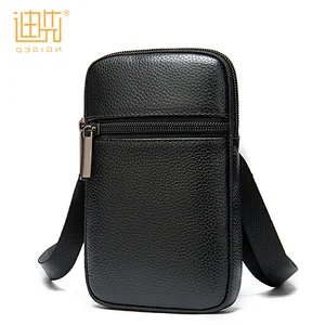 Custom fashion men genuine Lychee grain leather shoulder sling messenger waist bag with adjustable belt
