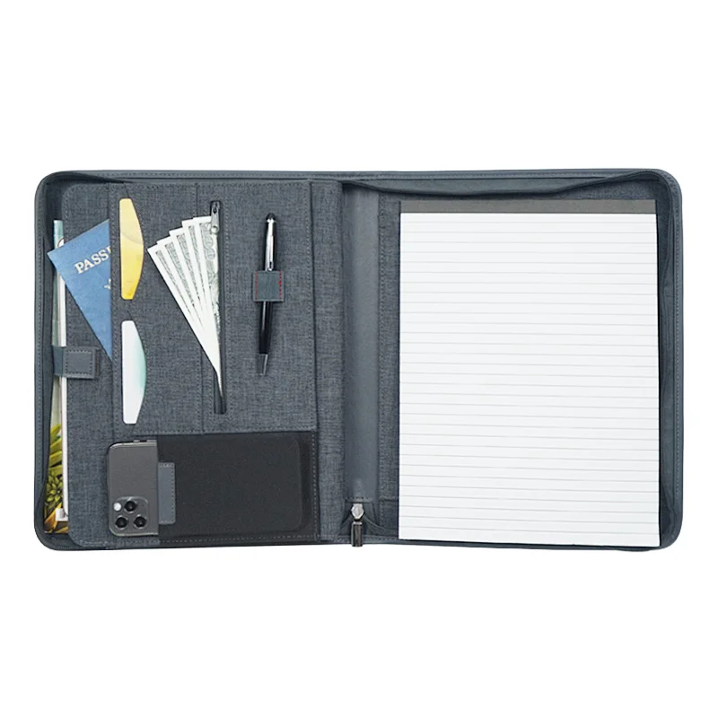 PU Leather Folder Interview Resume Legal Document Organizer Business Zippered Portfolio Padfolio with A4 Size Clipboard