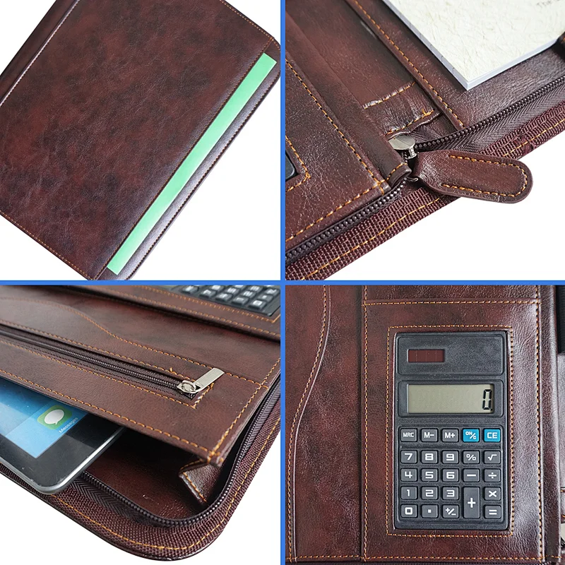 Custom wholesale interview resume document organizer leather zippered padfolio