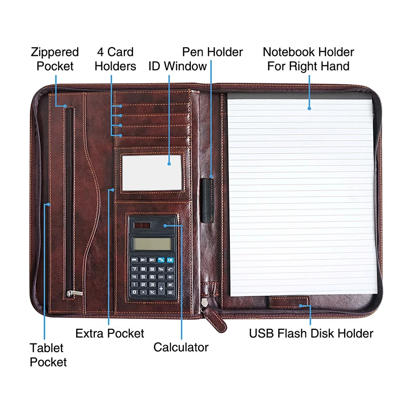 Custom wholesale interview resume document organizer leather zippered padfolio