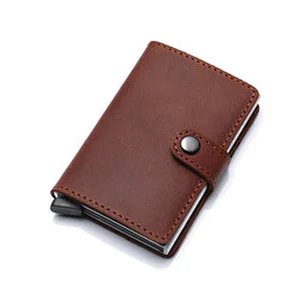 Promotion gift RFID blocking slim leather aluminum automatic pop-up business card holder wallet