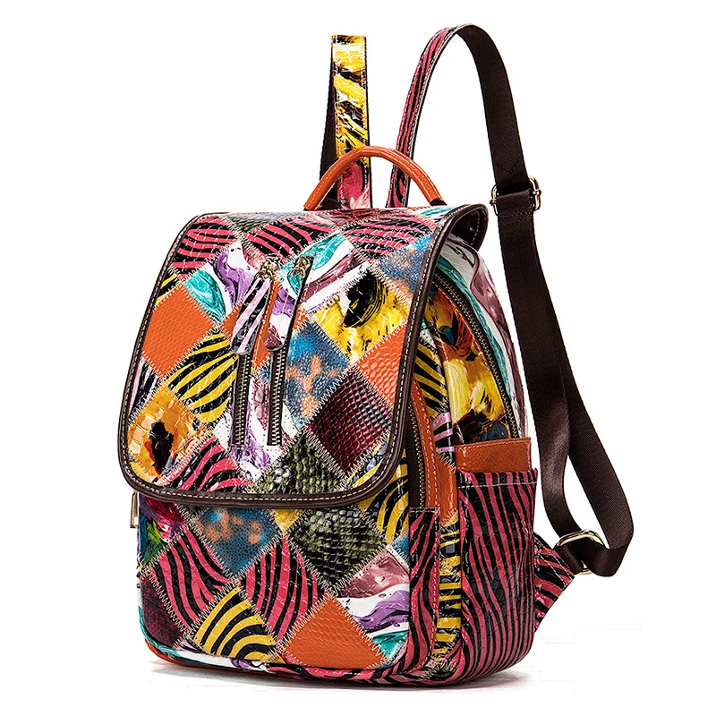 New women backpack genuine leather Personality Fashion trend stitching color backpack laptop bag