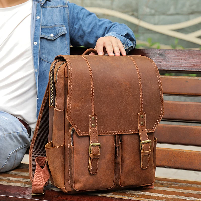 Factory Wholesale Large Capacity College School laptop Bag Hiking Daypack Vintage Crazy Horse Leather Backpack for Men