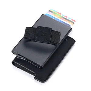 vogue handmade slim oil wax leather pop-up aluminum portable custom lanyard one touch ridge ID card holder