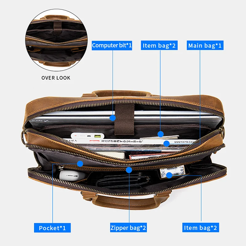 Cross Body Vintage Leather Computer Satchel Briefcase Laptop Case Business Travel Messenger Shoulder Bag For Men