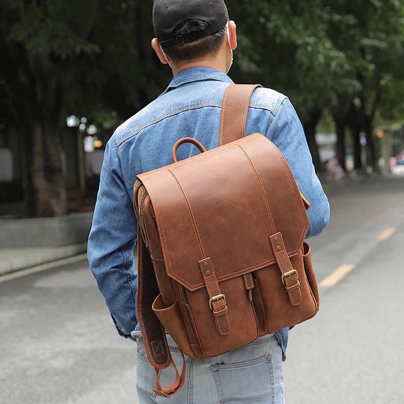 Factory Wholesale Large Capacity College School laptop Bag Hiking Daypack Vintage Crazy Horse Leather Backpack for Men