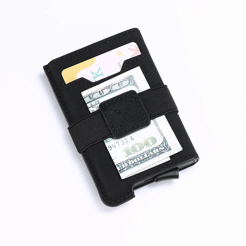 vogue handmade slim oil wax leather pop-up aluminum portable custom lanyard one touch ridge ID card holder
