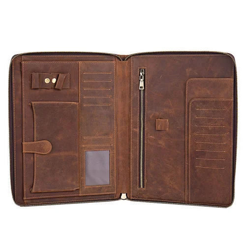 Letter Size Notepad Hard Vintage Crazy Horse Leather Zipper Portfolio Business Bag Organizer Case Briefcase