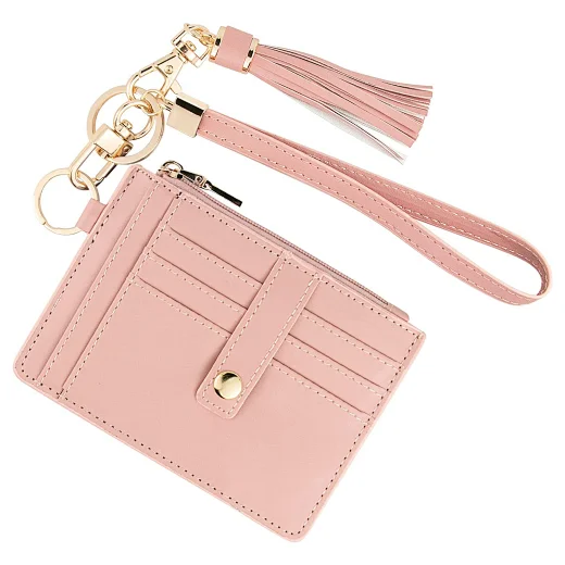 Custom Print PU Leather Zipper Small Compact Slim RFID ID Credit Card Holder Wristlet Keychain Wallet