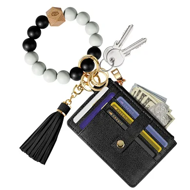 PU Leather Key Chains 9 Slots Card Holder Bangle Bracelet Silicone Beads Wristlet Keychain Wallet For Women