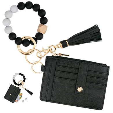 Slim RFID Credit Card Holder Pocket Key Silicone Beads Ring Keychain Wallet With Wristlet Bangle Bracelet