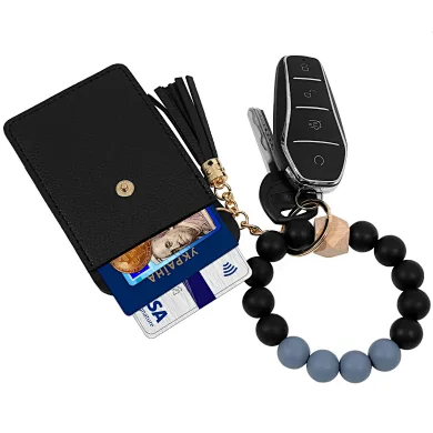 New PU Leather Key Ring Wrist Card Pocket Tassel Silicone Bead Bangle Wristlet Keychain Bracelet Wallet For Woman