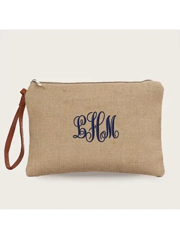 Wholesale Gunny Sack Makeup Pouches Embroidery Natural Cotton Zip Jute Cosmetic Bags with burlap pouch Leather Handles