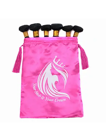 Large Pink Logo Custom Hair Packaging Customize Weave Satin Silk Drawstring Pouch Dust Bag
