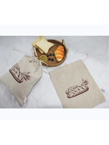 Reusable 100% linen food storage embroidered bag unbleached linen dust bread grocery zero waste storage bag