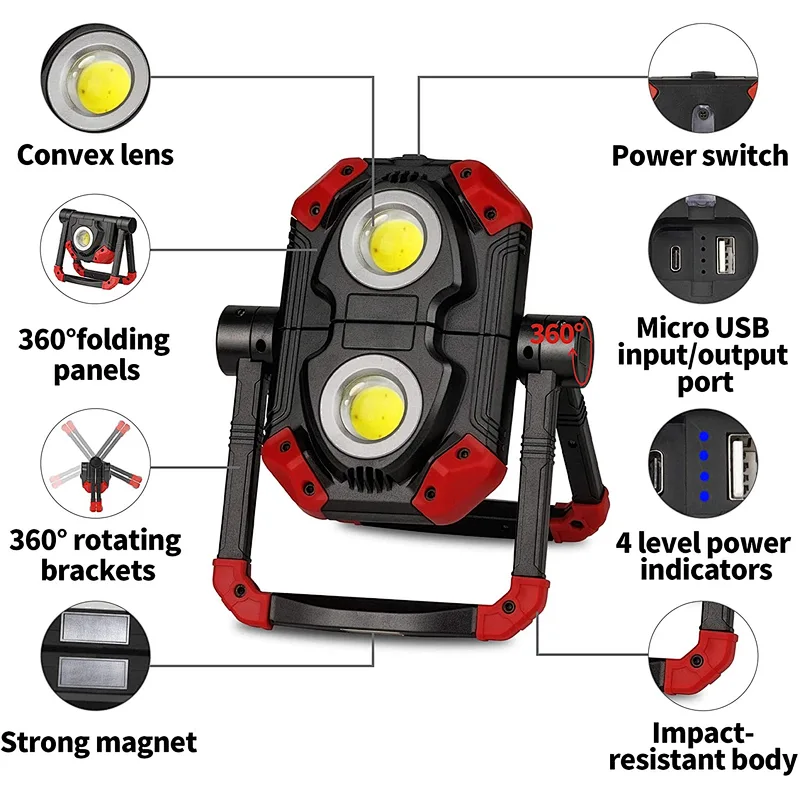 LED Work Light multi-mode Rechargeable Portable Flood Light with Magnetic Base and 360° Rotation Stand with 2 COB 2500Lumens Folding, Waterproof Spotlights