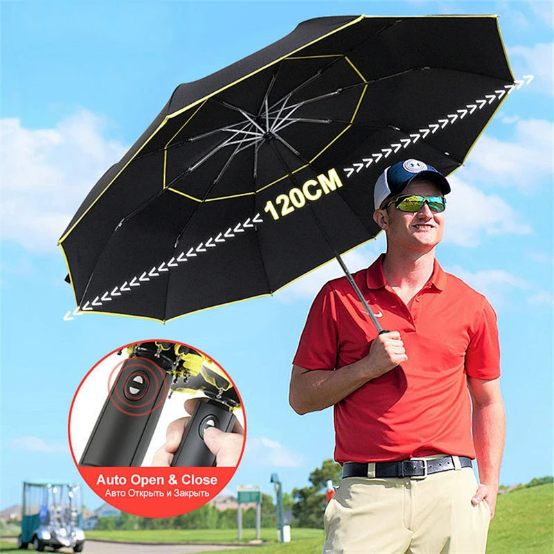 Amazon alta calidad 120 cm grandes hombres totalmente automáticos lluvia mujer doble capa 3 plegable regalo de negocios paraguas de golf a prueba de viento
