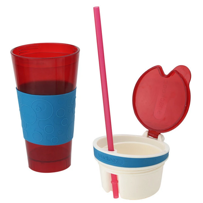 24oz Plastic 2 In 1 Snack And Drink Cup With Straw