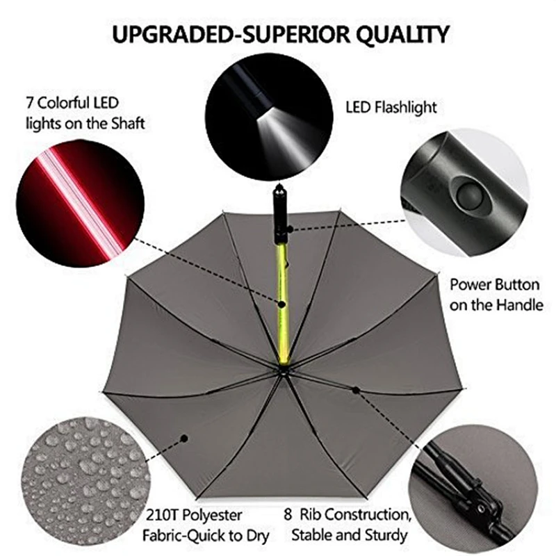 Logo printed promotional 8 panels straight led umbrella with light torch