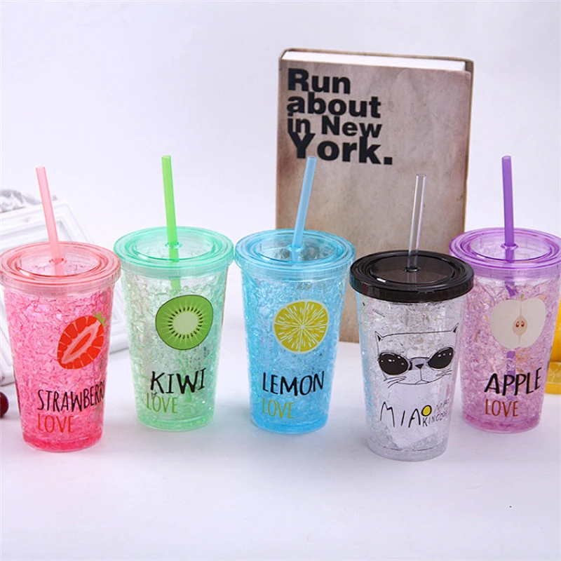 Vaso de plástico de doble pared de plástico de gel de congelación de 16 oz con pajita
