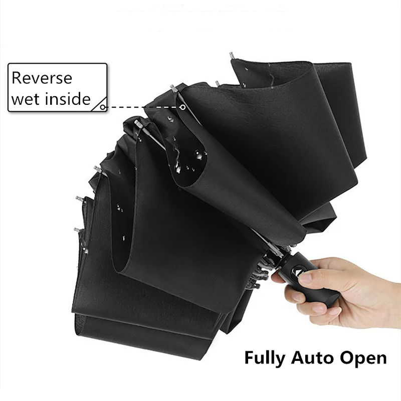 Cheap 12k windproof 3 folding automatic reverse umbrella with reflective strap