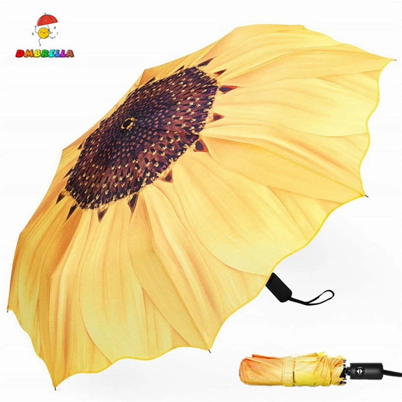21 '' * 8k Popular Custom Sunflower Fullbody Printing Fashion woman 3 Paraguas automático plegable con protección solar recubrimiento UV