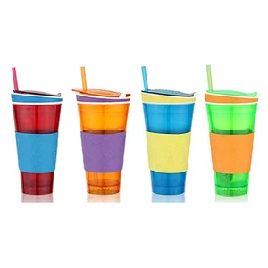 24oz Plastic 2 In 1 Snack And Drink Cup With Straw