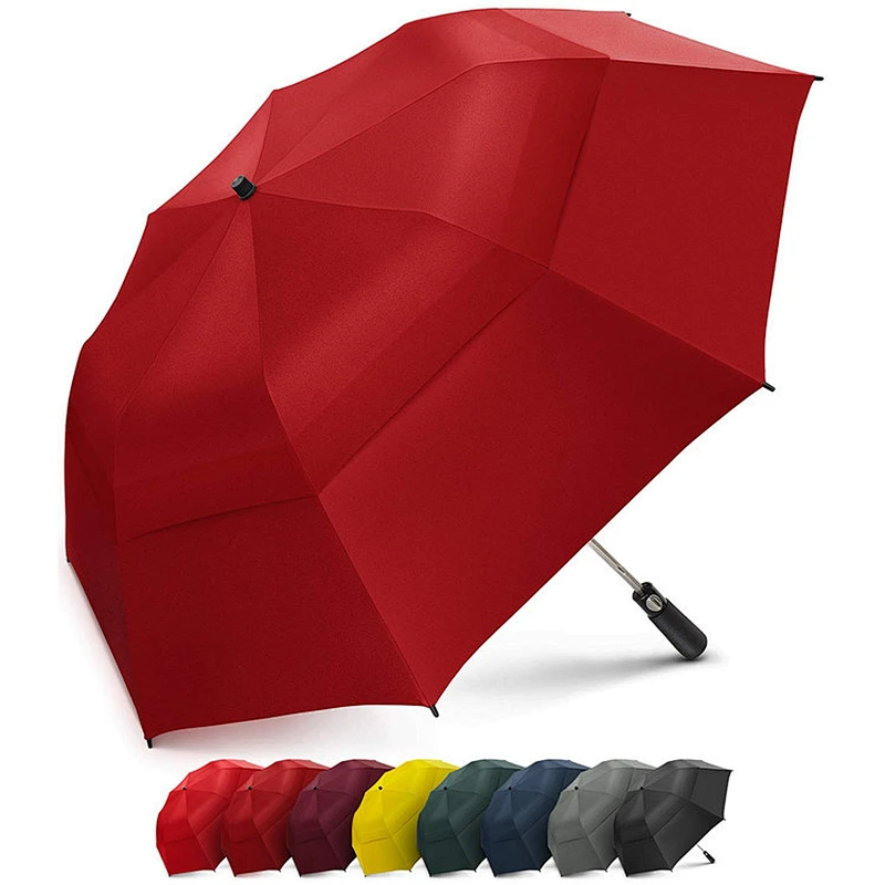 58 pulgadas portátil grande a prueba de viento doble toldo automático abierto fuerte paraguas de golf de lluvia de gran tamaño con impresiones de logotipos
