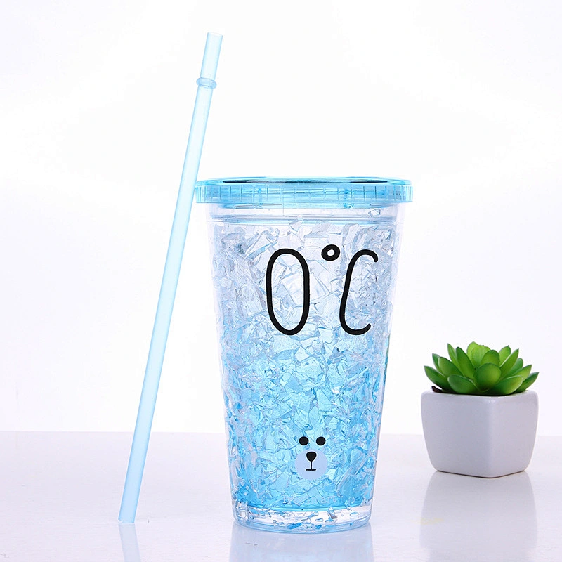 Vaso de plástico de doble pared de plástico de gel de congelación de 16 oz con pajita