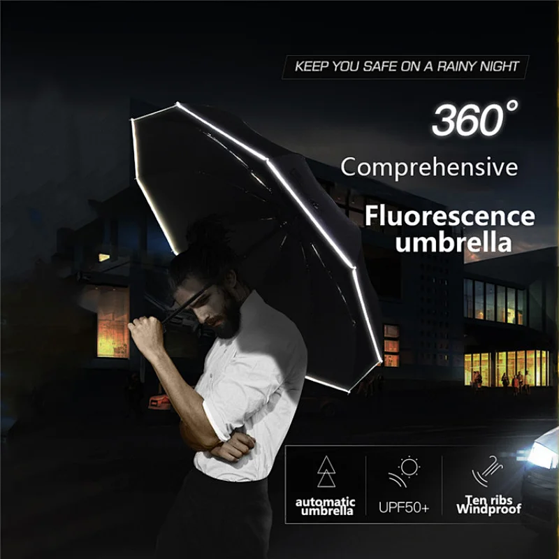 Cheap Custom Made Sun Rain Windproof 3 Folding Small Promotional Reflective Glow Umbrella