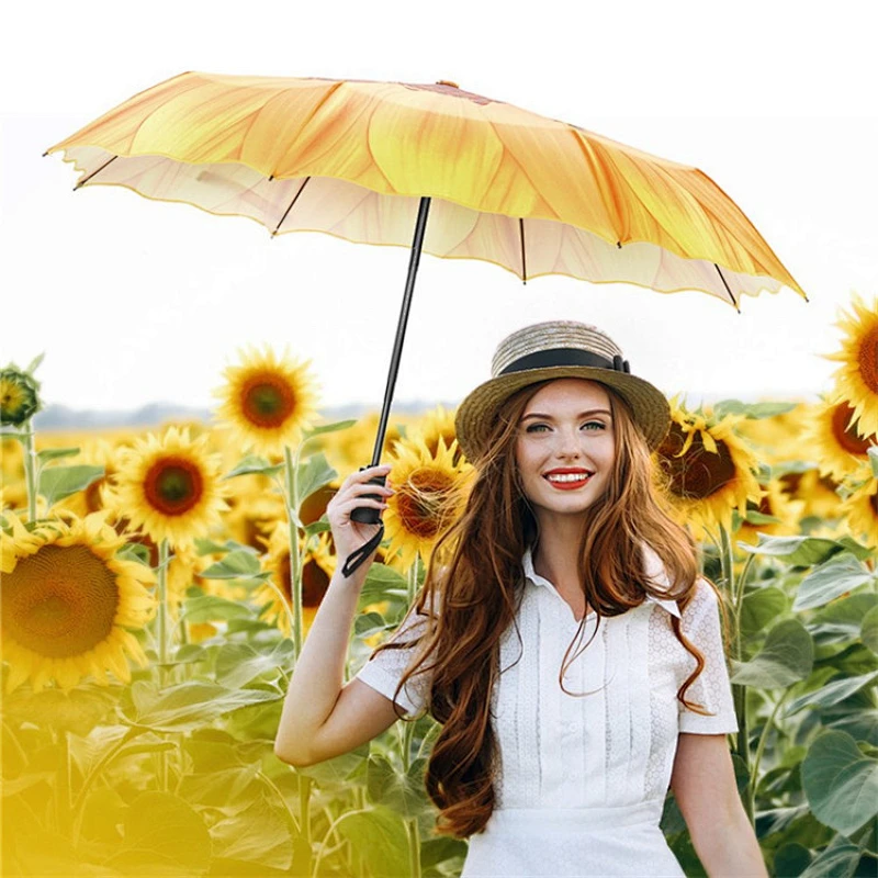 21 '' * 8k Popular Custom Sunflower Fullbody Printing Fashion woman 3 Paraguas automático plegable con protección solar recubrimiento UV